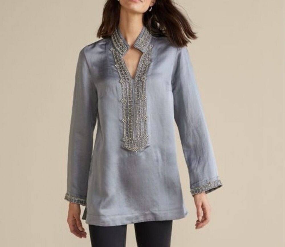 Soft Surroundings Icon Collette Moroccan Embellishment Tunic Top Gray Large NWT
